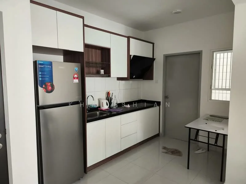 Kitchen features: stainless-steel fridge, built-in oven, black countertop, white cabinetry with wood accents, single-bowl stainless-steel sink, chrome pull-down faucet, white tiled backsplash, ceramic tile flooring, wall-mounted range hood, window with grid pattern, table with metal legs, kitchen utensils on countertop; style: modern.