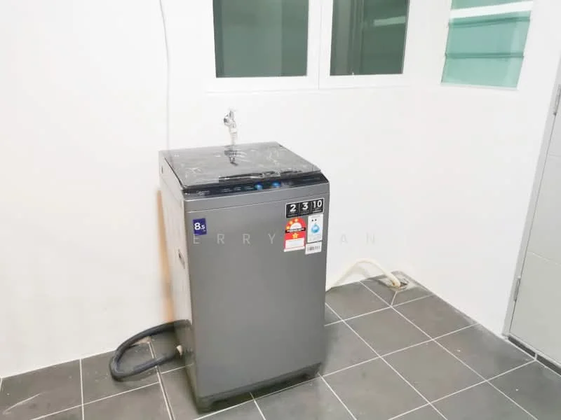 Laundry features: top-load washing machine, grey appliance, water inlet hose, drain hose, tile flooring, white painted walls, window for natural light.