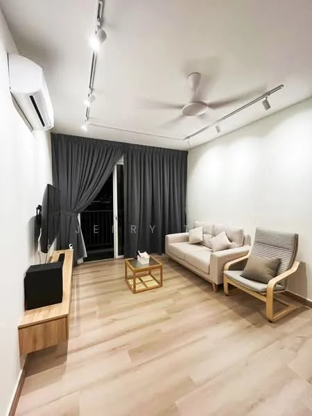 Living features: light wood flooring, white painted walls, 5-blade ceiling fan, wall-mounted split AC, sofa in light fabric, coffee table with wooden legs, TV console in wood, floor-to-ceiling curtains in grey, sliding glass door, city view from balcony; style: modern; view: city.