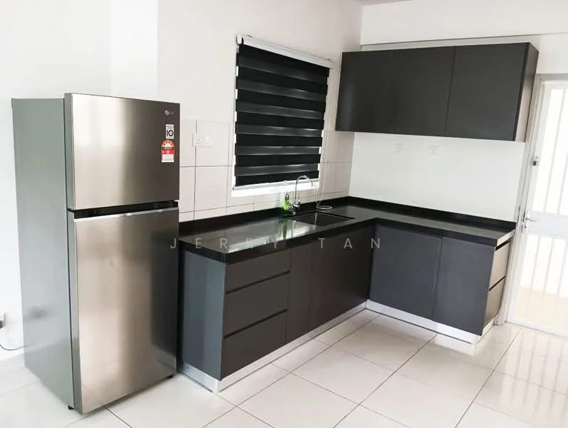 Kitchen features: stainless-steel fridge, black laminate countertop, dark wood cabinetry, white tiled backsplash, single-bowl stainless-steel sink, chrome pull-down faucet, built-in oven, ceramic tile flooring, roller blinds on window, wall-mounted cabinets, open shelving, LED lighting under cabinets; style: modern.