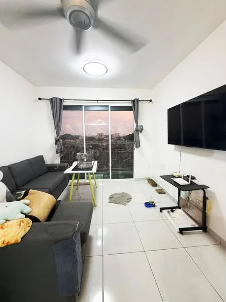 Living features: grey fabric sectional sofa, coffee table with glass top, wall-mounted TV, TV console, floor-to-ceiling windows, curtains, ceiling fan with light, tile flooring, decorative area rug, city view; style: modern; view: city.