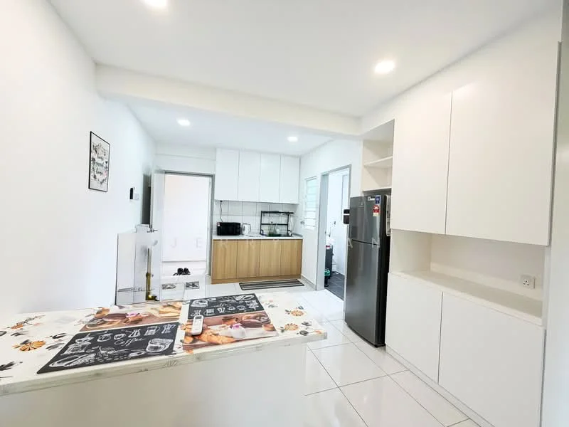 Kitchen features: white painted walls, white cabinetry, wooden cabinetry, stainless-steel fridge, built-in oven, ceramic tile flooring, recessed downlights, kitchen island with countertop, open shelving, sink, microwave, window with natural light; style: modern.
