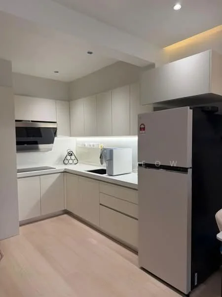 Kitchen features: white cabinetry, grey countertop, stainless-steel sink, chrome pull-down faucet, built-in oven, stainless-steel fridge, ceramic tile flooring, recessed downlights, wall-mounted microwave, open shelving, modern design; style: modern.