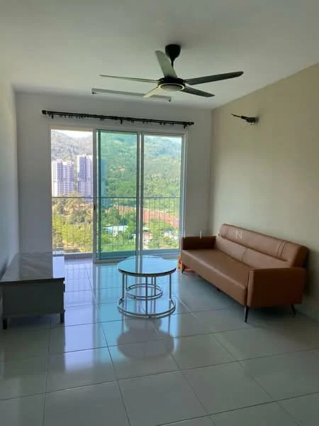 Living features: floor-to-ceiling windows, 3-blade ceiling fan, light brown leather sofa, round glass coffee table, white tiled flooring, neutral painted walls, mountain view, curtain rod with sheer curtains; style: modern; view: mountain.