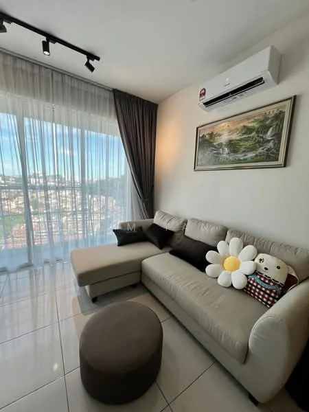 Living features: beige fabric sectional sofa, round brown ottoman, floor-to-ceiling windows, sheer curtains, blackout curtains, wall-mounted air conditioning unit, framed artwork on wall, decorative throw pillows, area rug, city view; style: modern; view: city.