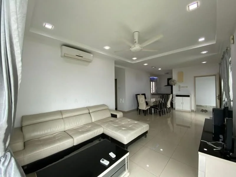 Living features: 3-seater leather sofa in cream, coffee table, wall-mounted TV, TV console, recessed LED downlights, 5-blade ceiling fan, wall-mounted split AC, glossy tile flooring, white painted walls, curtains, dining area visible in background; style: modern.