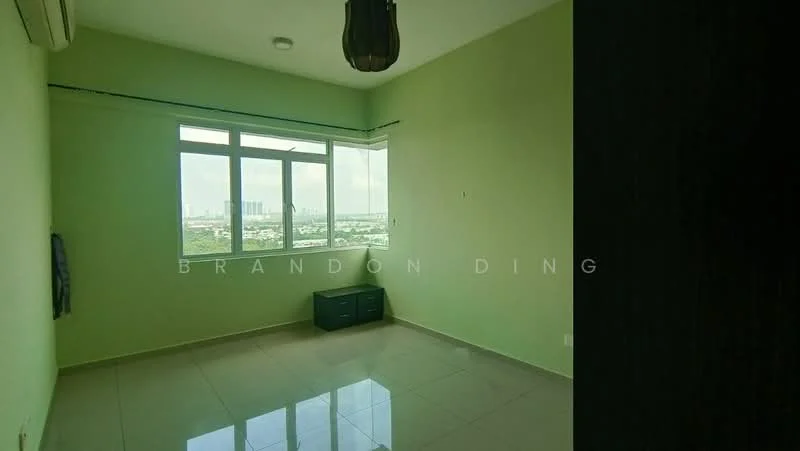 Room features: green painted walls, floor-to-ceiling windows, city view, tile flooring, 1 wall-mounted split AC, light fixture, black storage cabinet, natural light; style: modern; view: city.