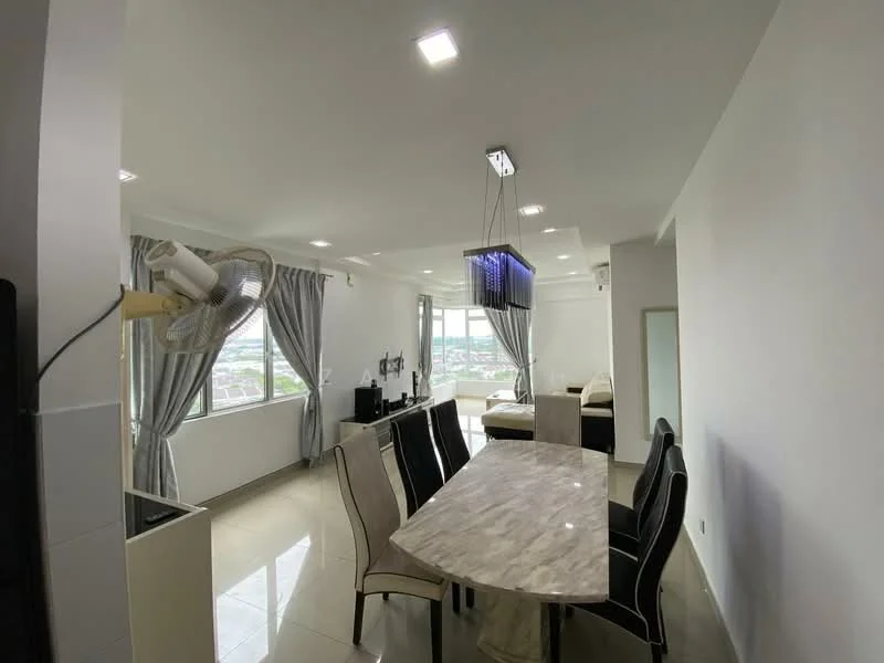 Dining features: marble dining table, 8 upholstered dining chairs in black and cream, recessed LED downlights, floor-to-ceiling windows, sheer curtains, light grey painted walls, glossy tile flooring, ceiling fan; style: modern; view: city. Living features: beige fabric sofa, coffee table, TV console, wall-mounted TV, light grey painted walls, glossy tile flooring, recessed LED downlights, floor-to-ceiling windows, sheer curtains; style: modern; view: city.