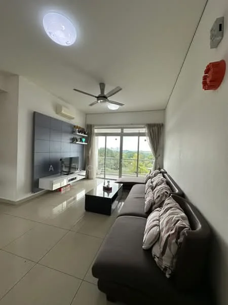 Living features: 3-seater fabric sofa in brown, coffee table, wall-mounted TV, TV console, floor-to-ceiling windows, curtains, ceiling fan with light, recessed ceiling lights, light-colored tiled flooring, decorative wall with dark panels, open layout, balcony view; style: modern; view: garden.