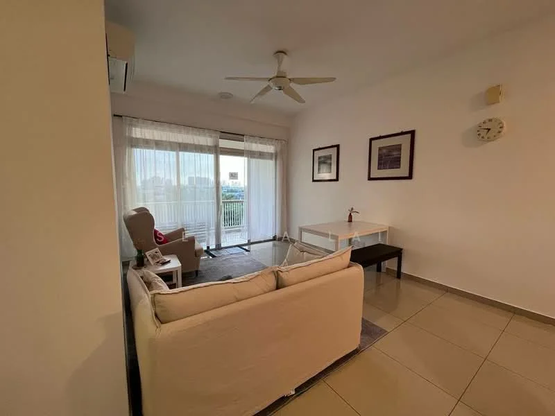 Living features: beige fabric sofa, coffee table, side table, floor-to-ceiling windows, sheer curtains, ceiling fan, wall clock, framed artwork, tile flooring, air conditioning unit; style: modern; view: city.