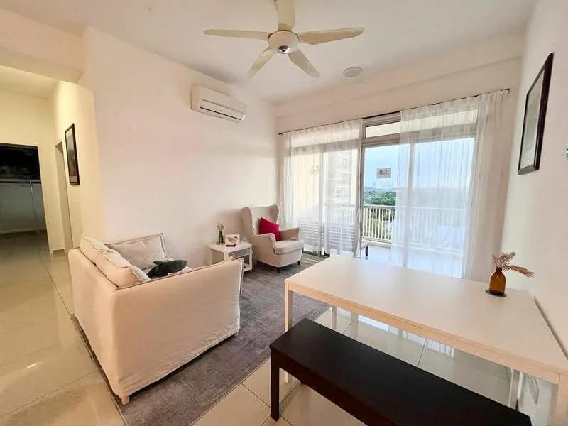 Living features: white painted walls, tile flooring, 5-blade ceiling fan, sofa in white fabric, coffee table, area rug, floor-to-ceiling windows, sheer curtains, balcony view, decorative plant, wall-mounted TV, dining table in white, dark wood bench; style: modern; view: garden.