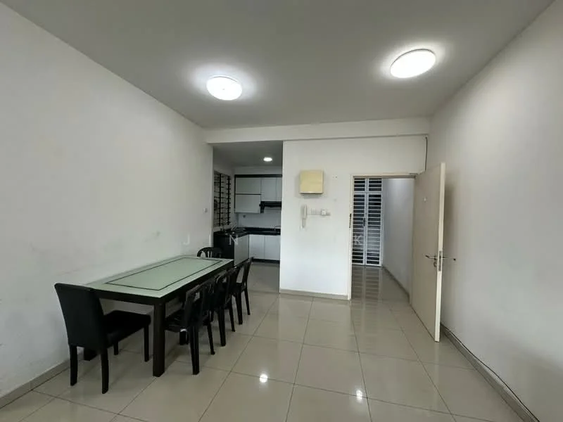 Dining features: dining table with glass top, 4 black dining chairs, white painted walls, tile flooring, recessed ceiling lights, open layout to kitchen, doorway leading to hallway; style: modern. Kitchen features: kitchen cabinets, countertop, stainless-steel sink, built-in appliances, open layout to dining area; style: modern. Hallway features: white painted walls, tile flooring, doorway leading to other rooms; style: modern.
