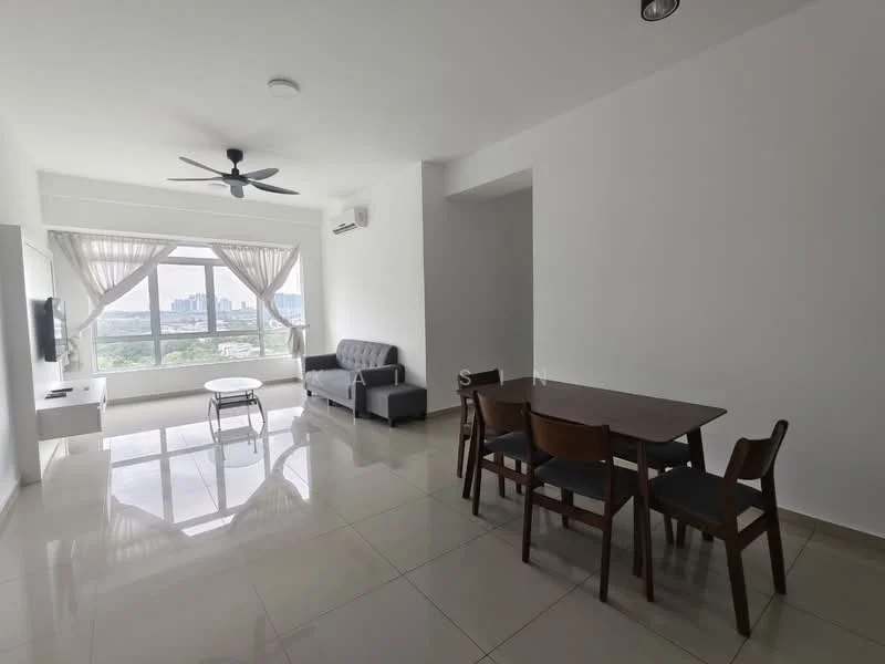 Living features: grey fabric sofa, round glass coffee table, 4-seater dining table, wooden dining chairs, floor-to-ceiling windows, sheer curtains, wall-mounted TV, wall-mounted air conditioning unit, recessed downlights, polished ceramic tile flooring, white painted walls, ceiling fan with light; style: modern; view: city.
