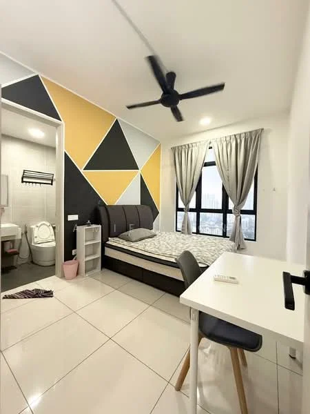 Bedroom features: queen-size bed, upholstered headboard, 2 bedside tables, ceiling fan, floor-to-ceiling windows, grey and yellow accent wall, white painted walls, tile flooring, study desk, chair, curtains; style: modern; view: city. Bathroom features: toilet, sink, mirror, wall-mounted light fixture, tile flooring; style: modern.