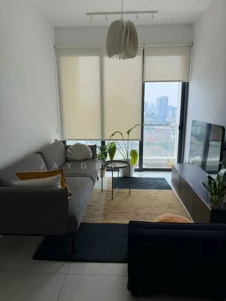 Living features: grey fabric 3-seater sofa, black area rug, wooden coffee table, floor-to-ceiling windows, roller blinds, TV console, wall-mounted TV, decorative houseplants, light fixture with multiple bulbs, white painted walls, ceramic tile flooring; style: modern; view: city.