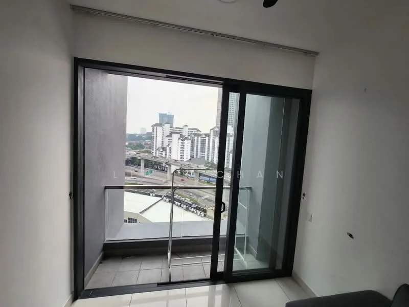 Room features: floor-to-ceiling sliding glass door, grey walls, white ceiling, tile flooring, city view, balcony access; style: modern; view: city.