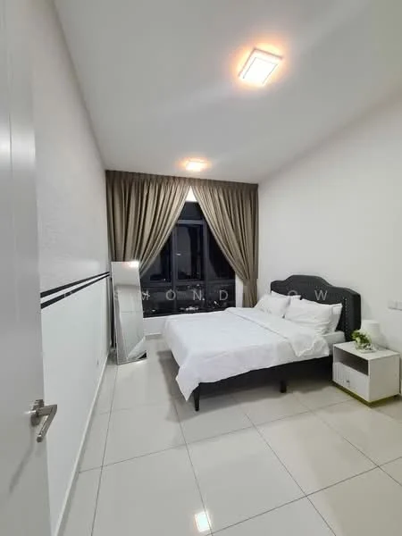 Bedroom features: queen-size bed with upholstered headboard, white bedding, two bedside tables, mirrored full-length mirror, floor-to-ceiling window, sheer curtains, blackout curtains, white painted walls, glossy tile flooring, recessed ceiling lights; style: modern; view: city.
