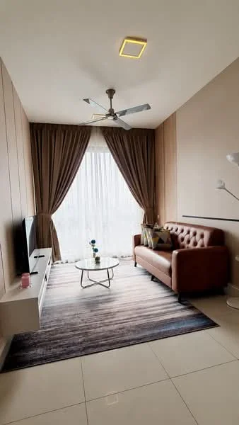 Living features: 3-seater brown leather sofa, glass coffee table, TV console, wall-mounted TV, area rug with striped pattern, floor-to-ceiling windows, sheer curtains, recessed downlights, ceiling fan with light, wood panel accent wall; style: modern.