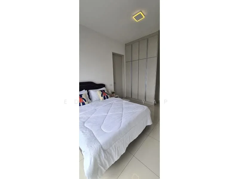Bedroom features: king-size bed with white bedding, upholstered headboard, 2 decorative pillows, built-in wardrobe with sliding doors, white painted walls, glossy tile flooring, ceiling light fixture, window with natural light; style: modern.