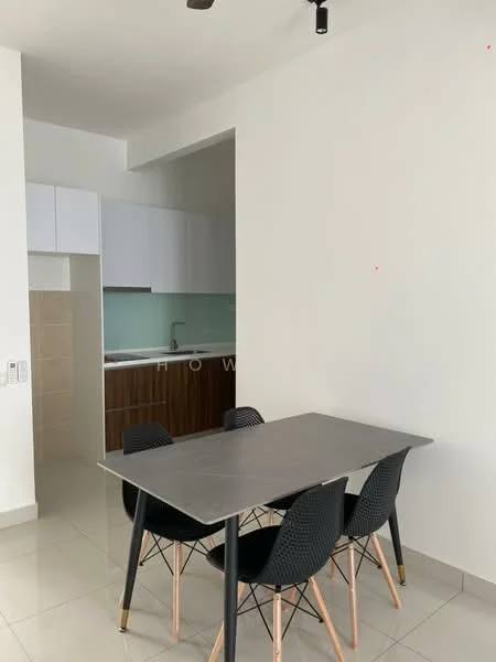 Dining features: grey dining table, 4 black dining chairs with wooden legs, white painted walls, tile flooring, ceiling fan, open kitchen layout, kitchen cabinetry with white upper cabinets, brown lower cabinetry, glass backsplash, kitchen sink visible; style: modern.