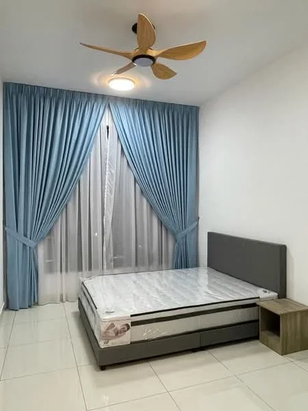 Bedroom features: queen-size bed, upholstered headboard, 2-drawer bedside table, floor-to-ceiling windows, sheer curtains, blue drapes, 5-blade ceiling fan with light, white painted walls, glossy tile flooring, natural light from window; style: modern.