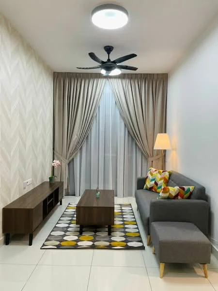 Living features: grey fabric 3-seater sofa, light grey armchair, wooden coffee table, wooden TV console, area rug with geometric pattern, floor-to-ceiling windows with sheer curtains, beige curtains, 5-blade ceiling fan with light, decorative throw pillows with colorful patterns, potted plant on coffee table, wall with herringbone pattern, white painted walls, glossy tile flooring; style: modern.
