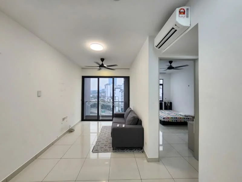 Living features: white painted walls, glossy ceramic tile flooring, 5-blade ceiling fan with light, recessed downlights, sliding glass door, floor-to-ceiling windows, grey fabric sofa, area rug with geometric pattern, view of city skyline; style: modern; view: city. Room features: white painted walls, glossy ceramic tile flooring, 5-blade ceiling fan, recessed downlights.