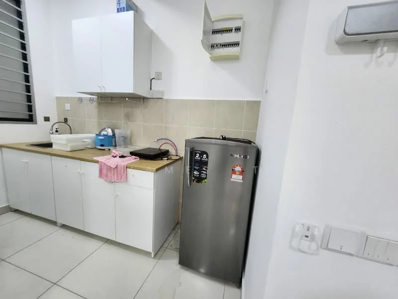 Kitchen features: white cabinetry, wood countertop, stainless-steel fridge, single-bowl stainless-steel sink, chrome pull-down faucet, ceramic tile backsplash, wall-mounted electrical panel, grey tiled flooring, window with horizontal slats; style: modern.