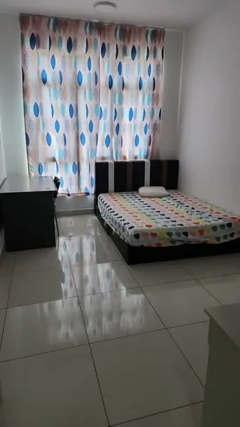 Bedroom features: queen-size bed with colorful polka dot bedding, black upholstered headboard, white walls, large window with patterned sheer curtains, glossy white tile flooring, black bedside table, desk with chair, ceiling light fixture; style: modern.