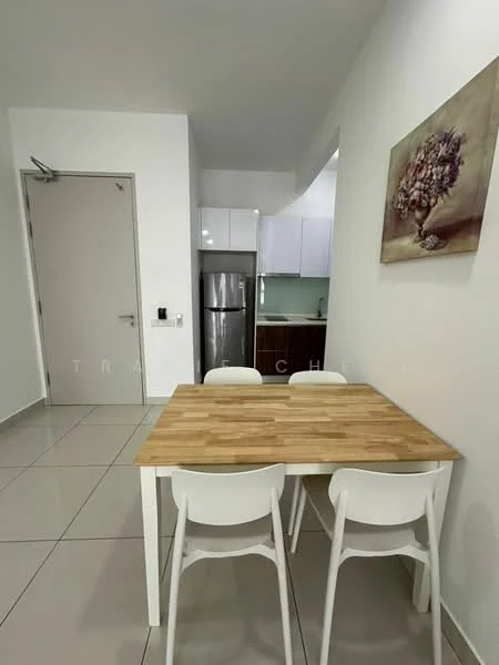 Dining features: wood dining table, 4 white plastic dining chairs, white painted walls, grey tiled flooring, refrigerator, kitchen cabinetry, kitchen countertop, framed artwork on wall; style: modern. Room features: white cabinetry, stainless-steel fridge, kitchen sink, kitchen backsplash.
