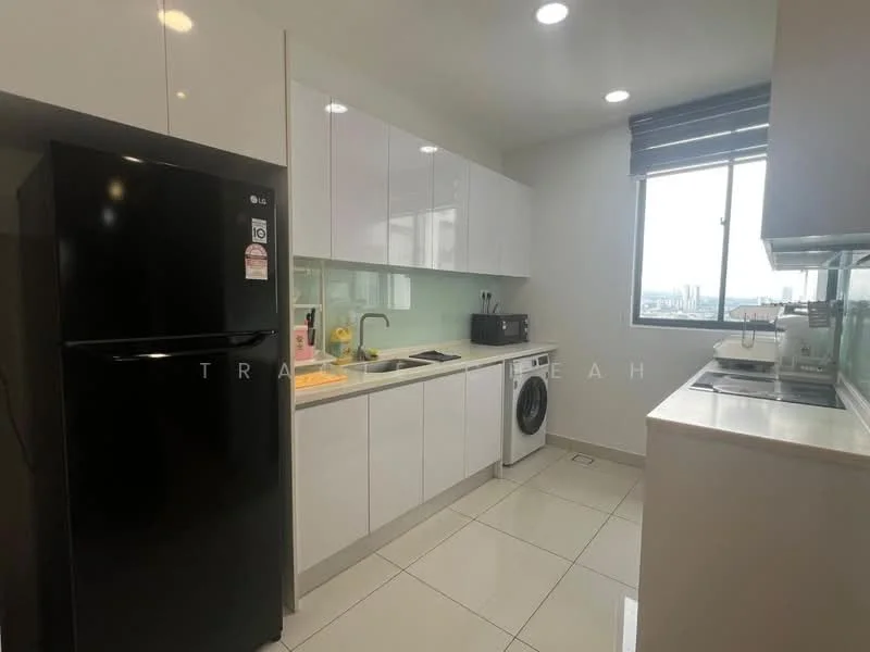Kitchen features: black refrigerator, white upper cabinets, white lower cabinets, stainless-steel sink, chrome pull-down faucet, built-in stove, microwave, washing machine, white countertop, tile backsplash, ceramic tile flooring, window with city view, recessed downlights; style: modern; view: city.