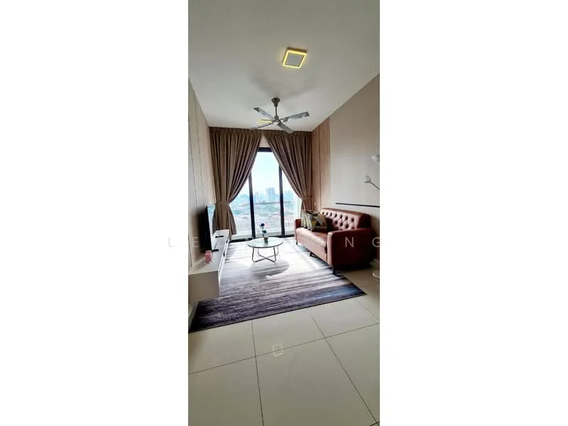Living features: 3-seater leather sofa in burgundy, coffee table, wall-mounted TV, area rug with geometric pattern, floor-to-ceiling windows, sheer curtains, 5-blade ceiling fan with light, light-colored walls, tile flooring, decorative wall lamp; style: modern; view: city.