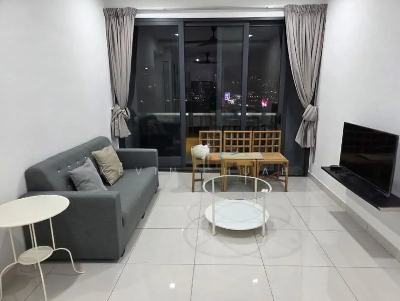 Living features: grey fabric sofa, 2-seater sofa, coffee table with glass top, white side table, TV console, wall-mounted TV, floor-to-ceiling windows, curtains, polished tile flooring, ceiling fan, decorative cushions, wooden bench, city view; style: modern; view: city.