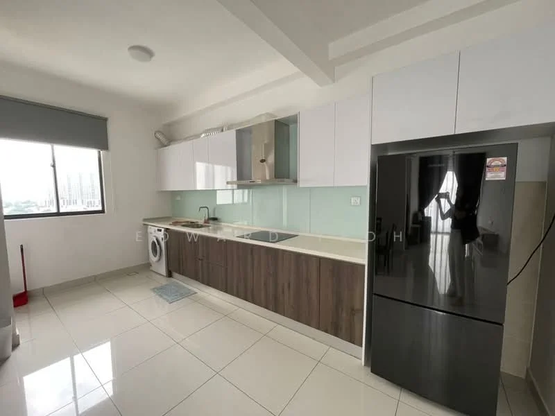 Kitchen features: white upper cabinets, wood lower cabinets, light green glass backsplash, stainless-steel sink, chrome pull-down faucet, built-in oven, freestanding range oven, stainless-steel fridge, front-load washing machine, white tiled flooring, recessed downlights, window with roller blinds; style: modern; view: city.