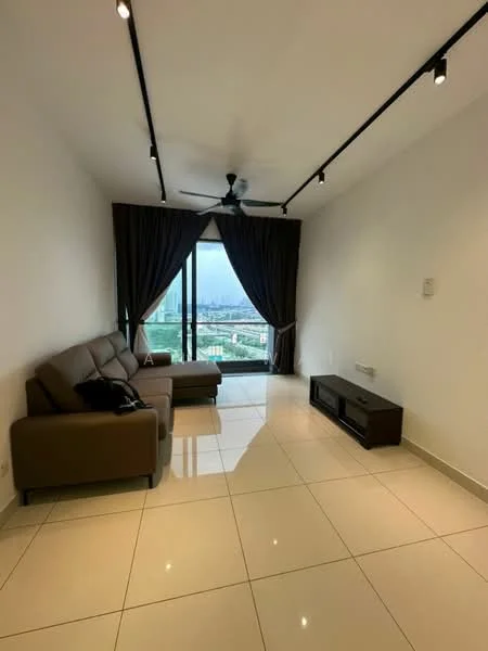 Living features: 3-seater fabric sofa in brown, floor-to-ceiling windows, blackout curtains, white painted walls, polished ceramic tile flooring, ceiling fan, TV console, view of city skyline; style: modern; view: city.