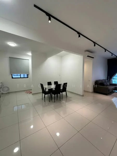 Living features: white painted walls, glossy ceramic tile flooring, recessed downlights, track lighting, floor-to-ceiling window, blackout curtains, sofa in beige, dining table for 6 with black chairs, air conditioning unit on wall, open layout; style: modern.