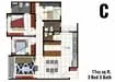 Floor plan: 2-bedroom 2-bathroom unit; features: open-plan kitchen-dining-living, master bedroom with ensuite bathroom, balcony off living room, utility room, laundry area, central foyer.
