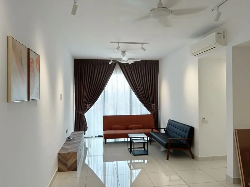 Living features: white painted walls, glossy tile flooring, 5-blade ceiling fan with light, recessed downlights, floor-to-ceiling windows, sheer curtains, dark brown curtains, brown fabric sofa, blue leather sofa, wooden coffee table, wooden console table, framed artwork; style: modern.