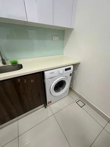 Laundry features: white front-load washing machine, light-colored countertop, dark wood cabinetry, white tiled flooring, green dish rack, light green backsplash, single-bowl stainless-steel sink, wall-mounted electrical outlets; style: modern.