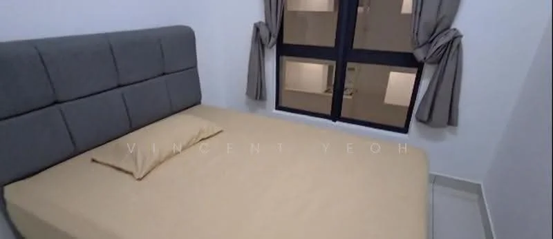 Bedroom features: queen-size bed, upholstered headboard in grey, beige bedspread, single pillow, floor-to-ceiling windows, grey curtains, white painted walls, tile flooring; style: modern.