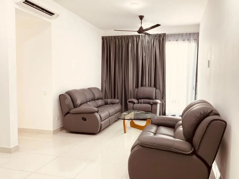 Living features: 3-seater leather sofa in brown, 2-seater leather sofa in brown, glass coffee table, ceiling fan, floor-to-ceiling windows with sheer curtains, white painted walls, glossy tile flooring, recessed downlights; style: modern.