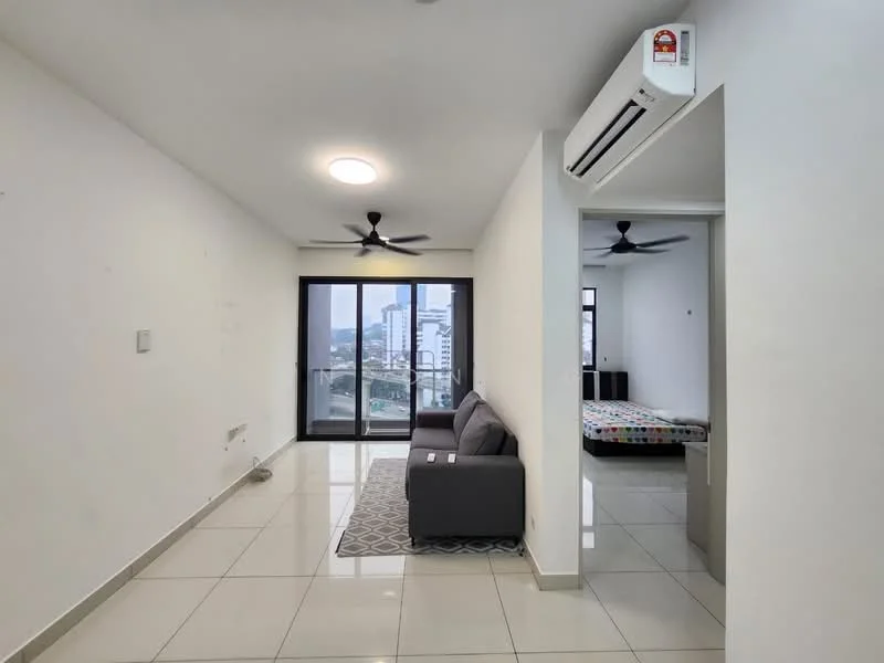 Living features: grey fabric sofa, area rug with geometric pattern, floor-to-ceiling windows, sliding glass door, white painted walls, polished ceramic tile flooring, 5-blade ceiling fan, recessed downlights, air conditioning unit, view of city skyline; style: modern; view: city. Room features: white painted walls, polished ceramic tile flooring.