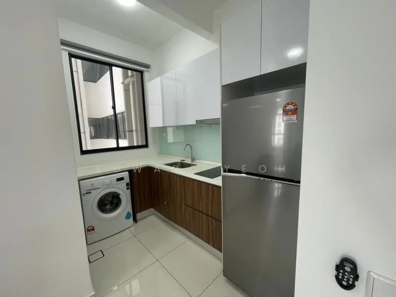 Kitchen features: white upper cabinets, wood lower cabinets, single-bowl stainless-steel sink, chrome pull-down faucet, glass backsplash, built-in oven, stainless-steel fridge, front-load washing machine, ceramic tile flooring, window with view to exterior, recessed downlights; style: modern.