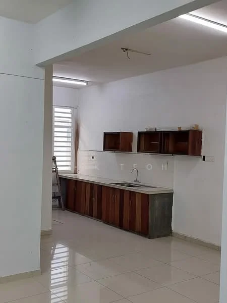 Kitchen features: white painted walls, grey tiled flooring, wood cabinetry with brown finish, concrete countertop, single-bowl stainless-steel sink, wall-mounted cabinets, window with horizontal slats, lighting fixtures on ceiling; style: modern.