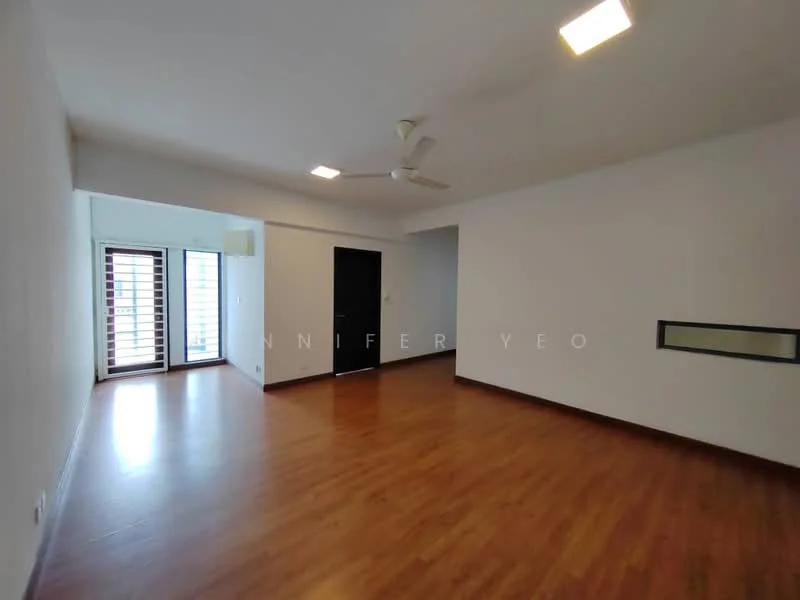 Living features: laminate flooring, white painted walls, 5-blade ceiling fan with light, recessed downlights, floor-to-ceiling windows, sliding glass door, black door, open layout; style: modern.