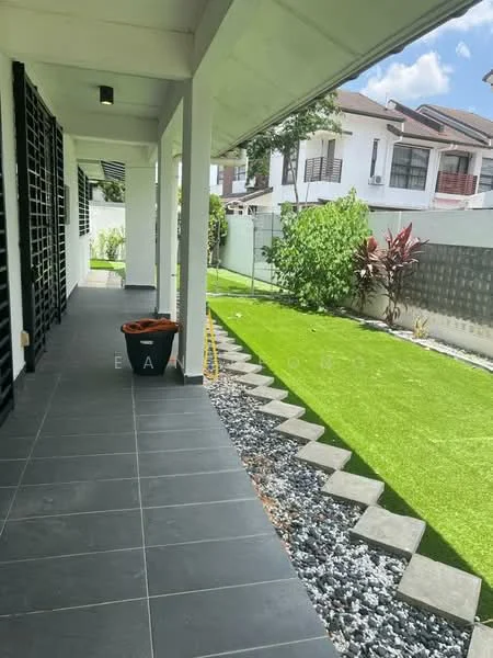 Exterior type: detached bungalow; features: covered porch, grey tiled flooring, landscaped garden, artificial grass, stone pathway, decorative gravel, mature shrubs, fenced yard, white painted facade, black window grilles; style: modern.