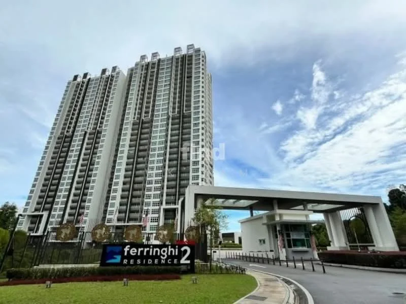 Exterior type: high-rise condominium; features: glass curtain wall, white painted facade, recessed balconies, main entrance gate with guard house, landscaped garden, paved driveway, multiple storeys, surrounded by greenery; style: modern.