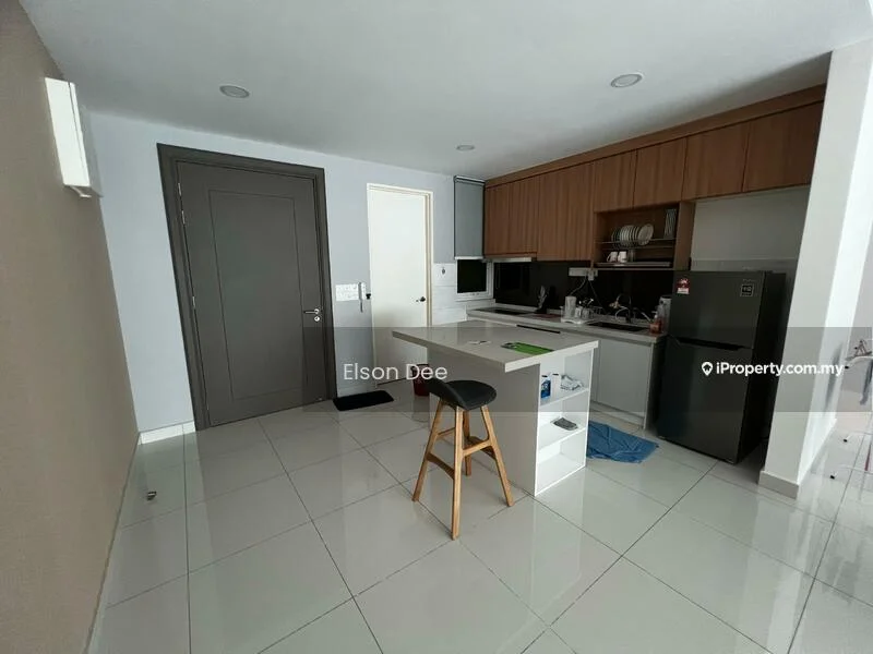 Kitchen features: white painted walls, glossy tile flooring, kitchen island with seating, wood cabinetry, stainless-steel fridge, built-in oven, ceramic cooktop, sink, countertop, microwave, wall-mounted cabinets, open shelving; style: modern.