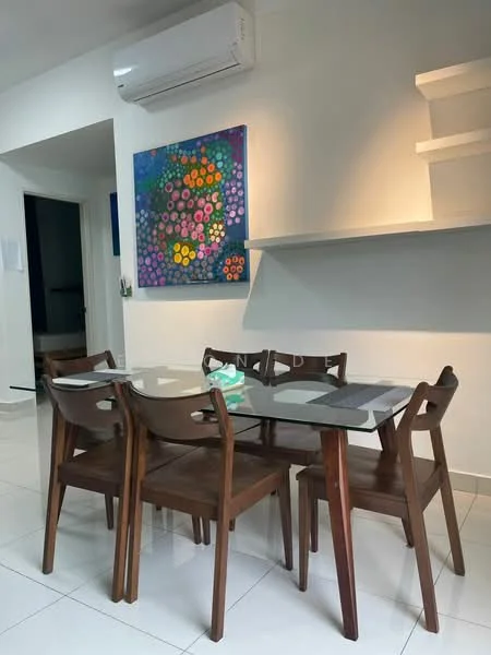 Dining features: glass dining table, wooden dining chairs, 1 wall-mounted split AC, white painted walls, white tiled flooring, decorative wall art with floral pattern, shelf above the dining table, recessed lighting; style: modern.