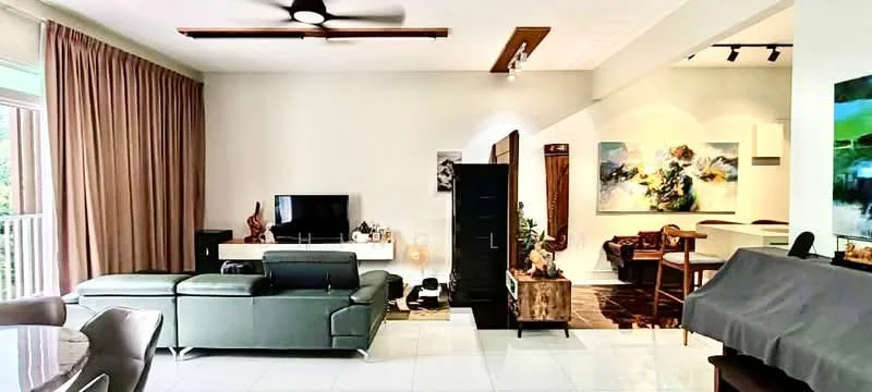 Living features: 3-seater fabric sofa in green, coffee table, wall-mounted TV, TV console, ceiling fan, large windows with sheer curtains, decorative artwork on walls, marble tile flooring, area rug, open layout to adjacent room; style: modern; view: garden. Dining features: round dining table, upholstered dining chairs, decorative vase on table; style: modern.